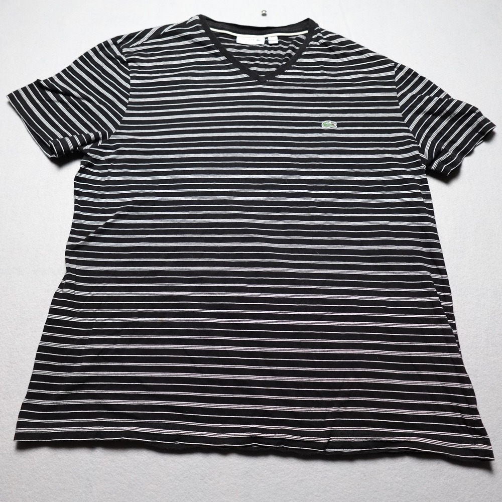 Lacoste Shirt Mens 2XL Black Striped V Neck Logo Tee Made In Peru Cotton